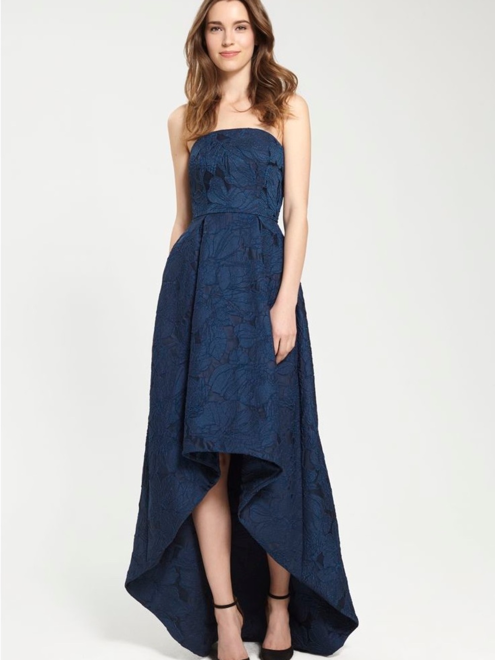 Monique Lhuillier Navy Strapless High-Low Floral Dress